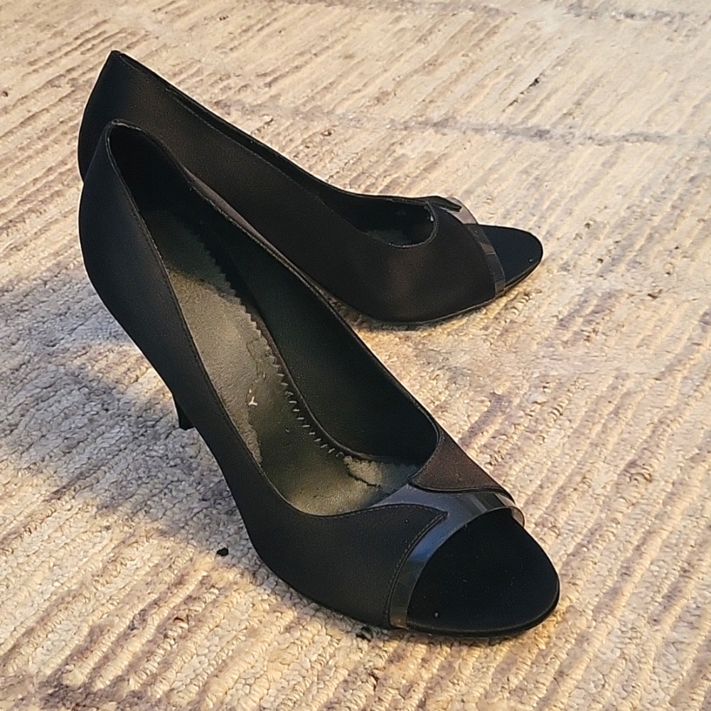 Stella McCartney Black Silk High Heels with Clear Plastic Accent, Size 39.5
